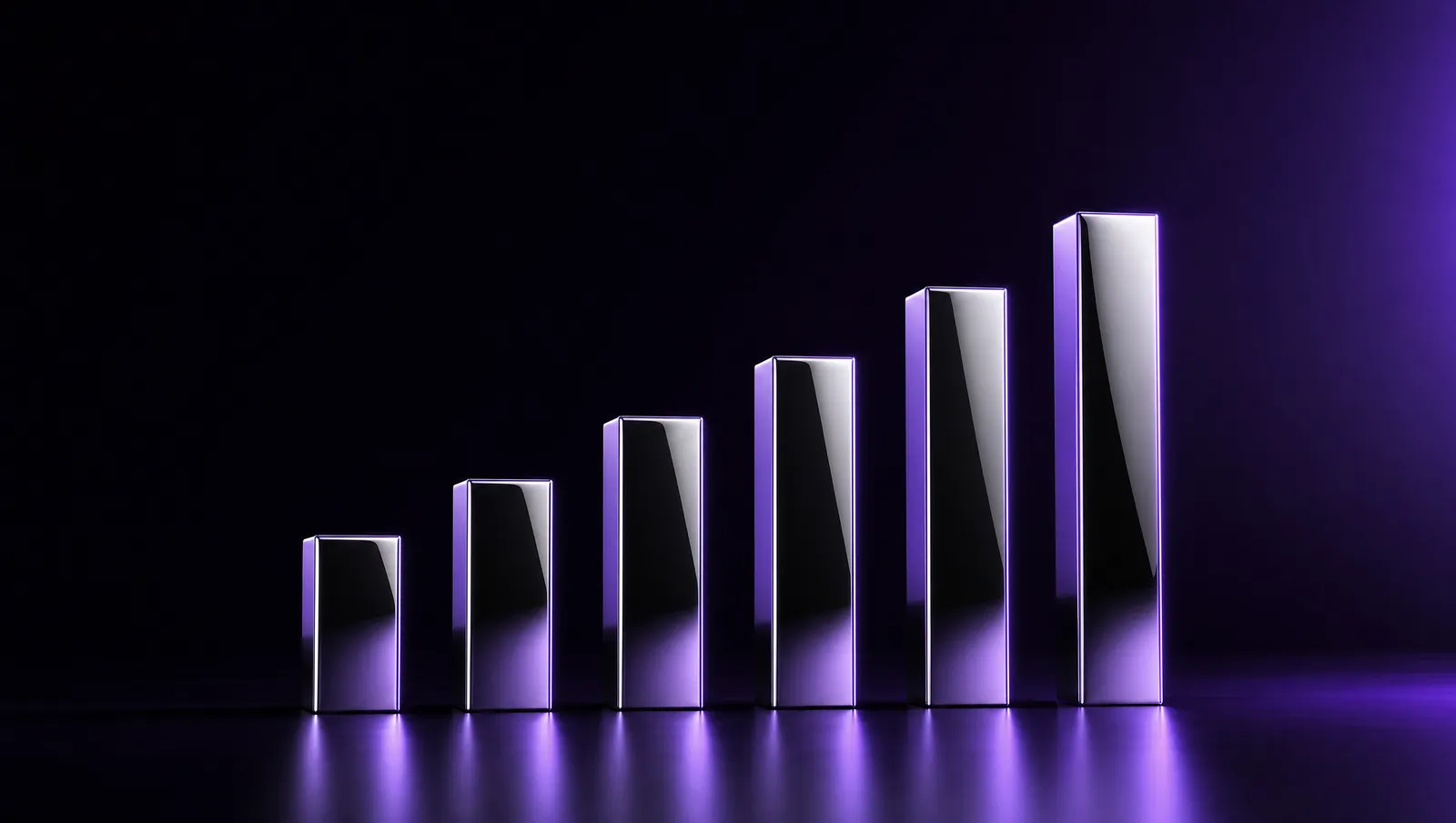 Six barres de chrome de hauteur croissante sur fond noir, éclairées en violet