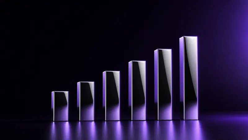 Six barres de chrome de hauteur croissante sur fond noir, éclairées en violet