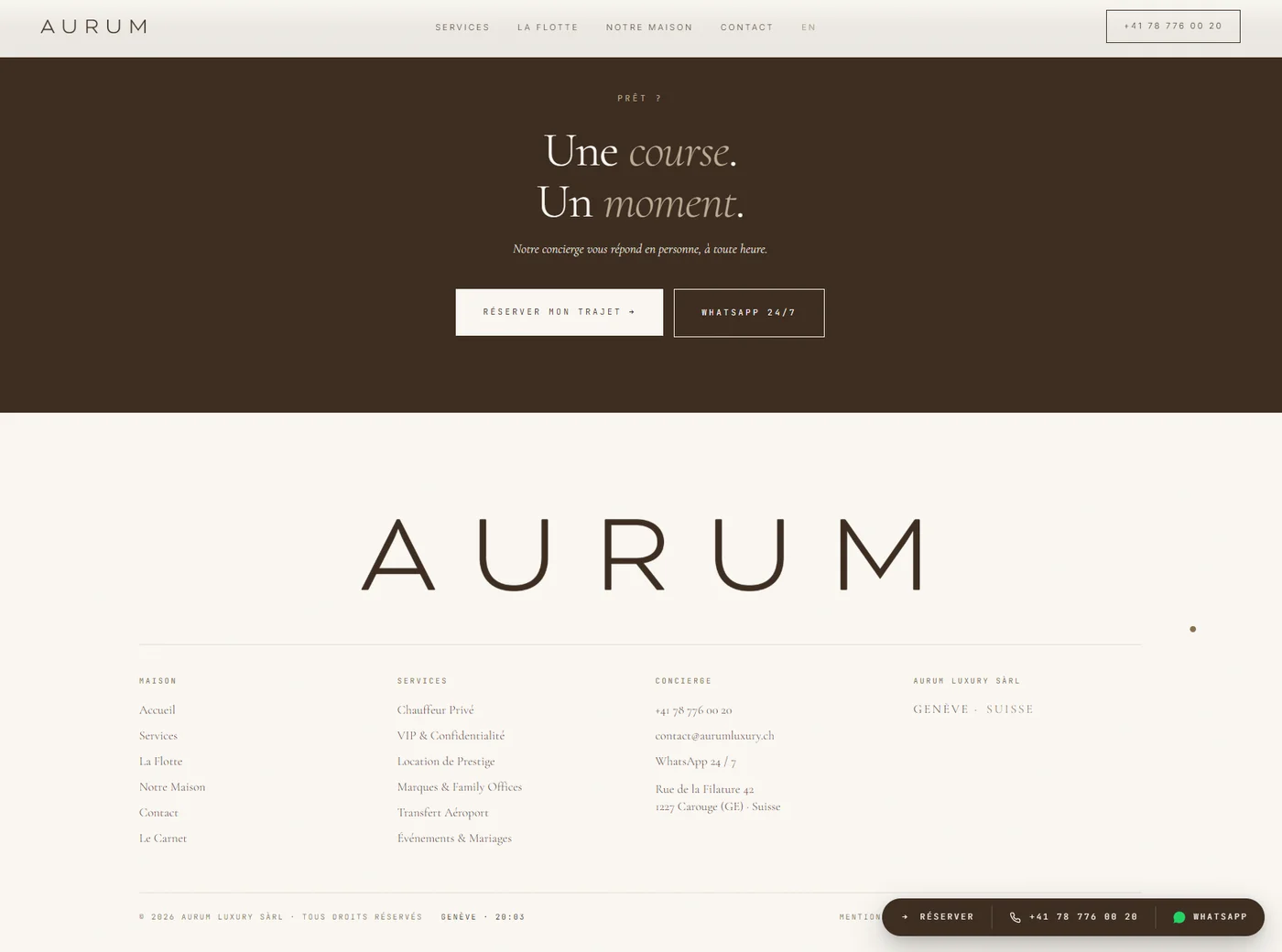 L'appel final et le pied de page du site Aurum Luxury