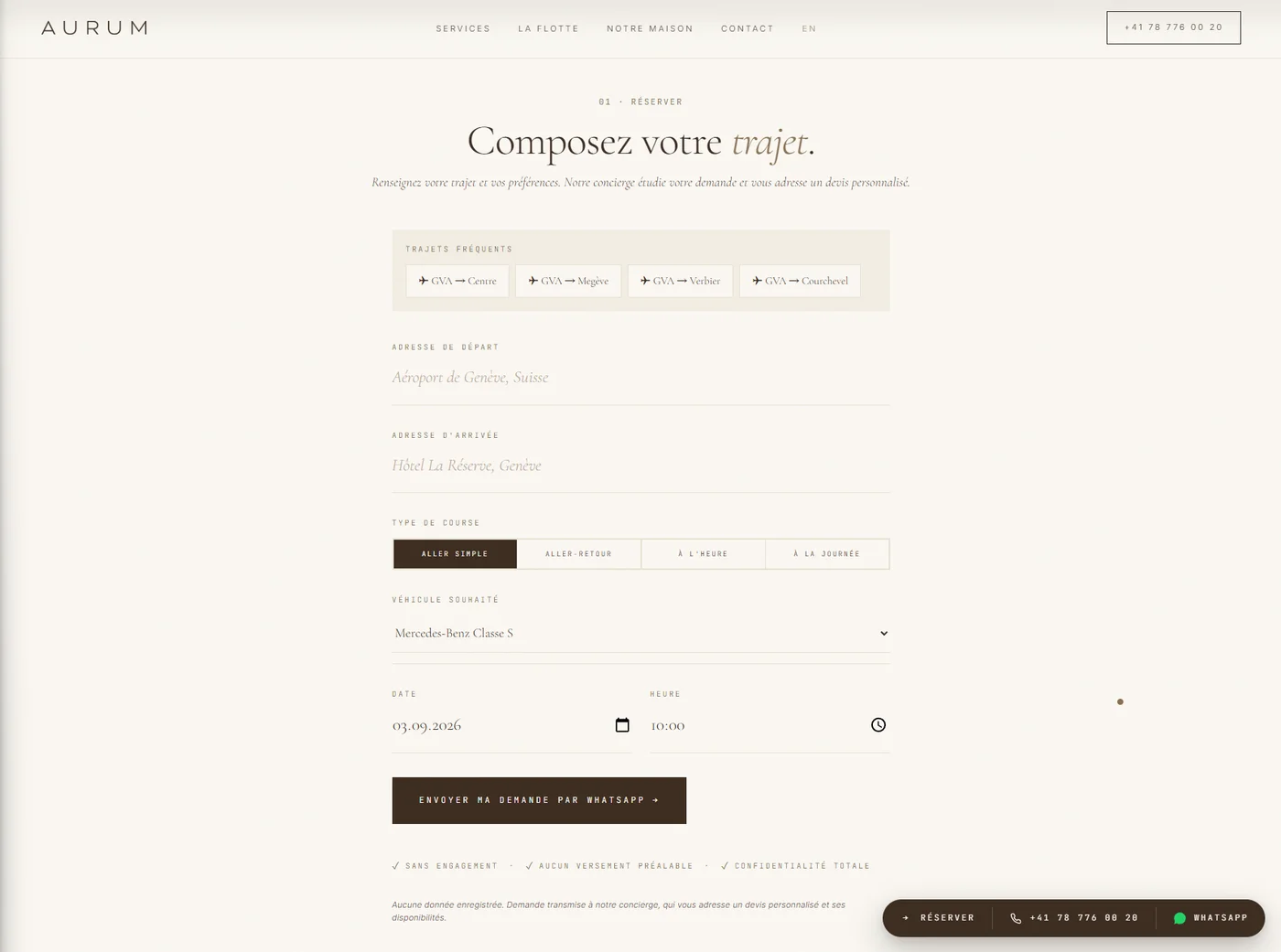 Le formulaire de réservation du site Aurum Luxury