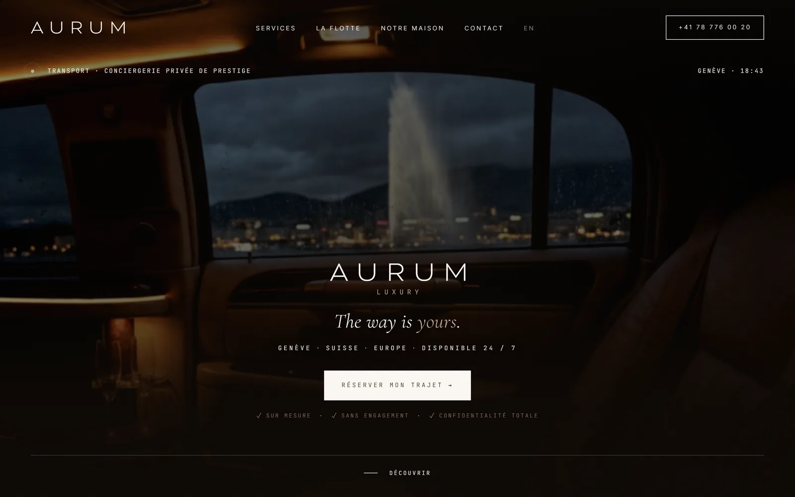 Page d'accueil du site Aurum Luxury, service de chauffeur privé et de location de véhicules de prestige à Genève, réalisé par la Maison Mantorok